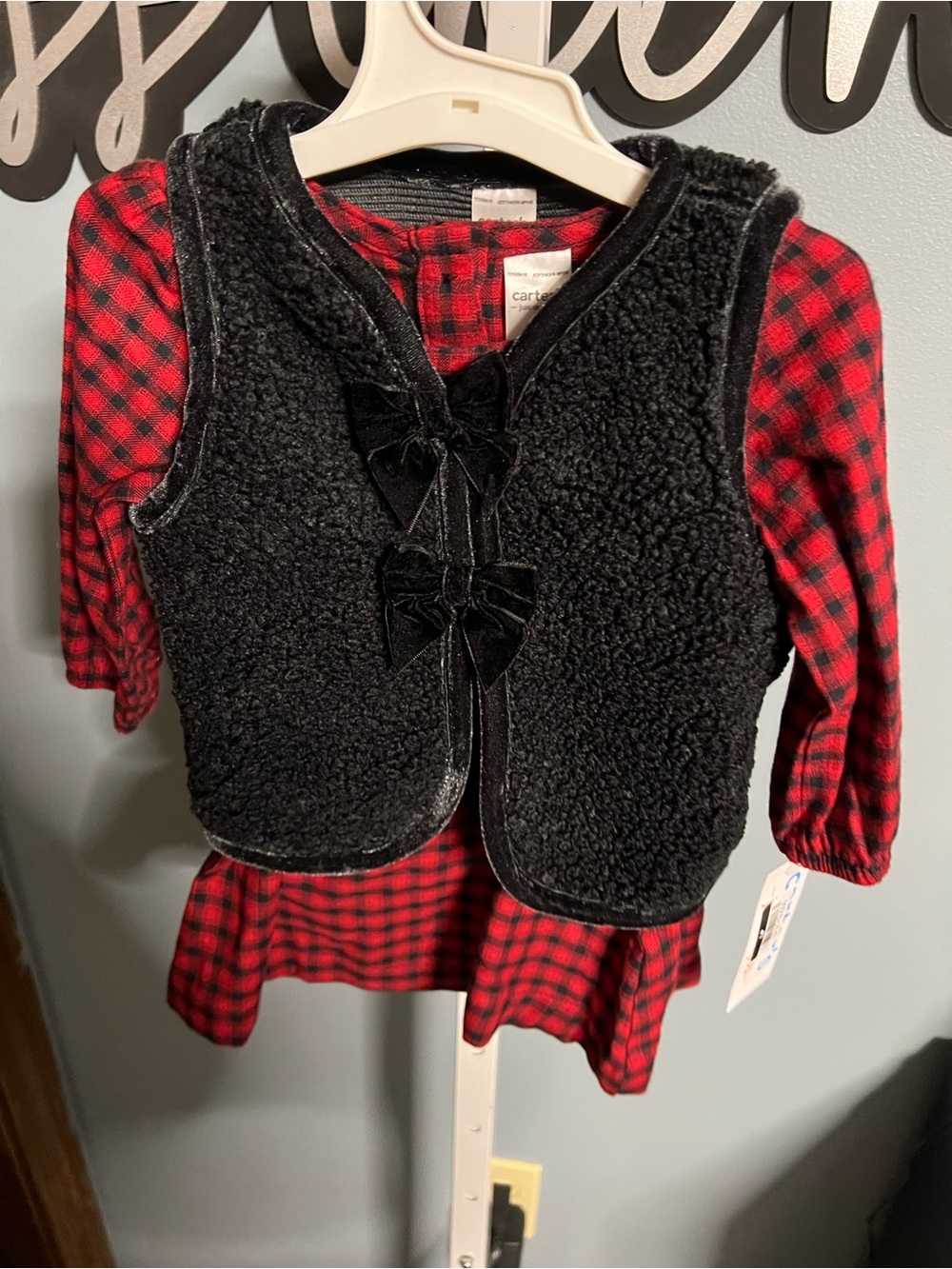 Carter's Red and Black Plaid Dress with Diaper Cover with Black Sherpa Vest NWT